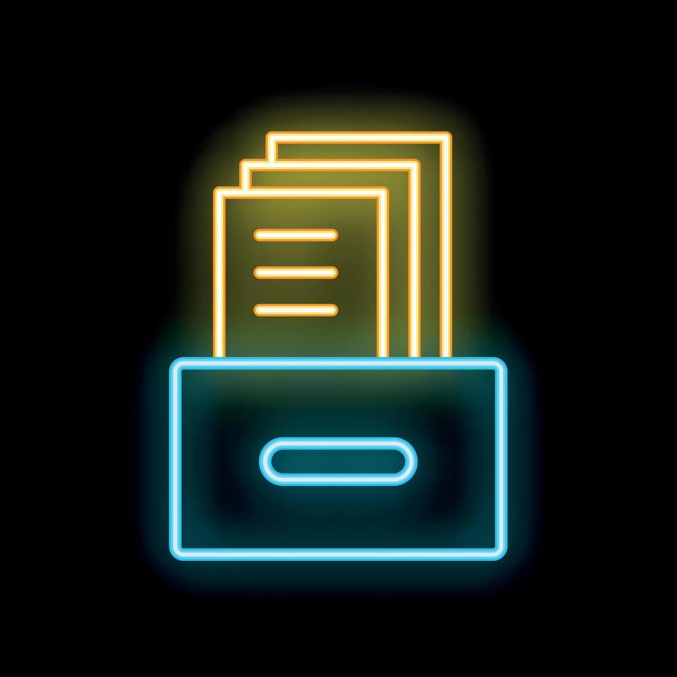 Neon icon of documents inside an archive box representing data storage vector