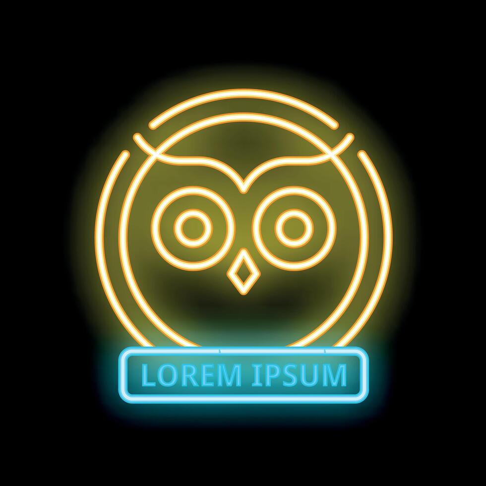 Neon sign representing an owl with big eyes in a circle shape with a lorem ipsum banner vector