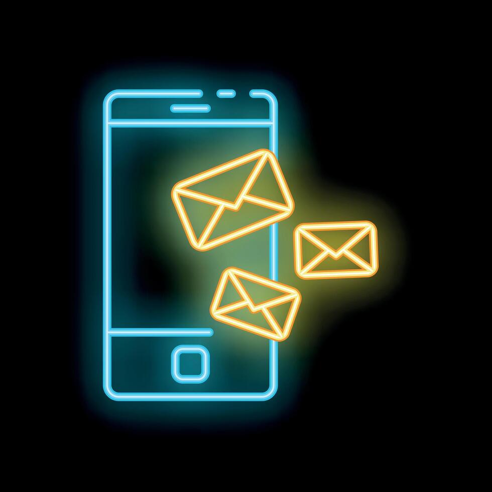 Neon smartphone receiving emails on black background vector