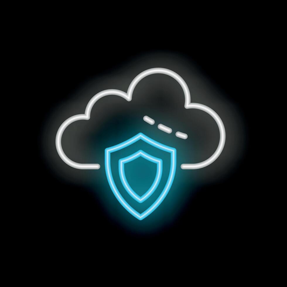 Neon shield protecting cloud data icon glowing on black background vector