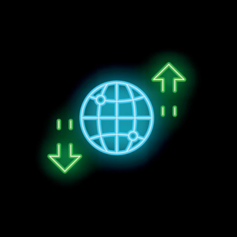 Neon glowing earth globe with up and down arrows representing global network and data exchange vector