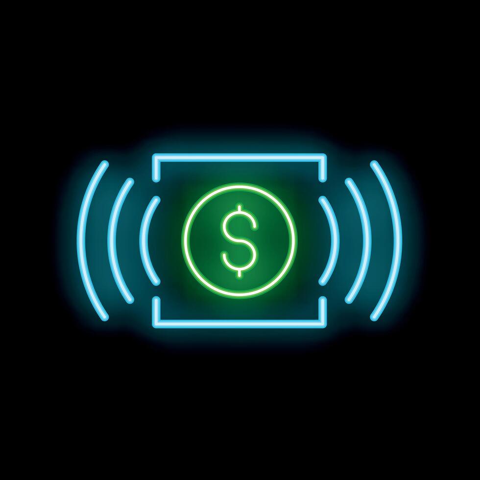 Neon icon of contactless mobile payment system sending signals vector
