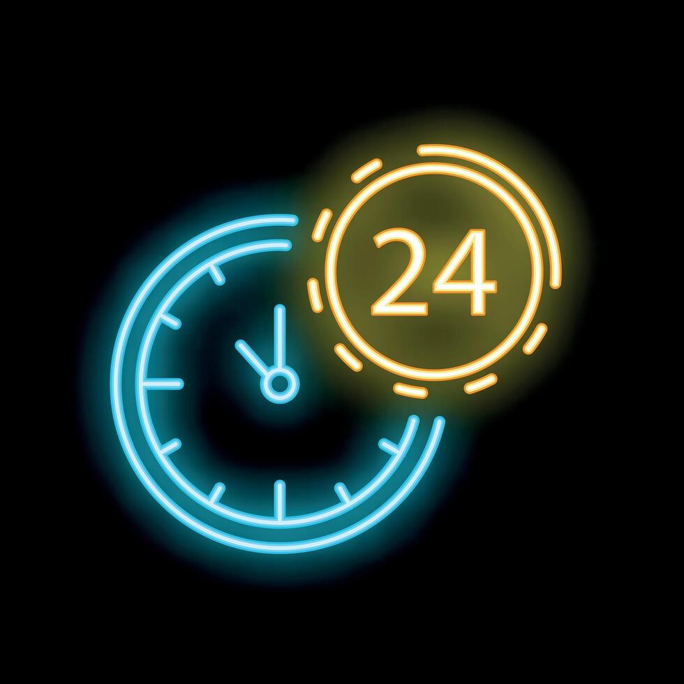 Neon clock showing 24 hours open sign on black background vector