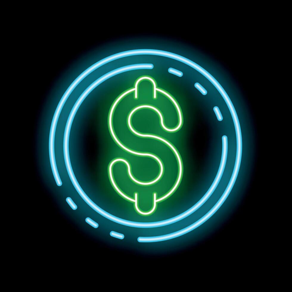 Neon sign representing a green dollar symbol inside a blue circle on a black background vector