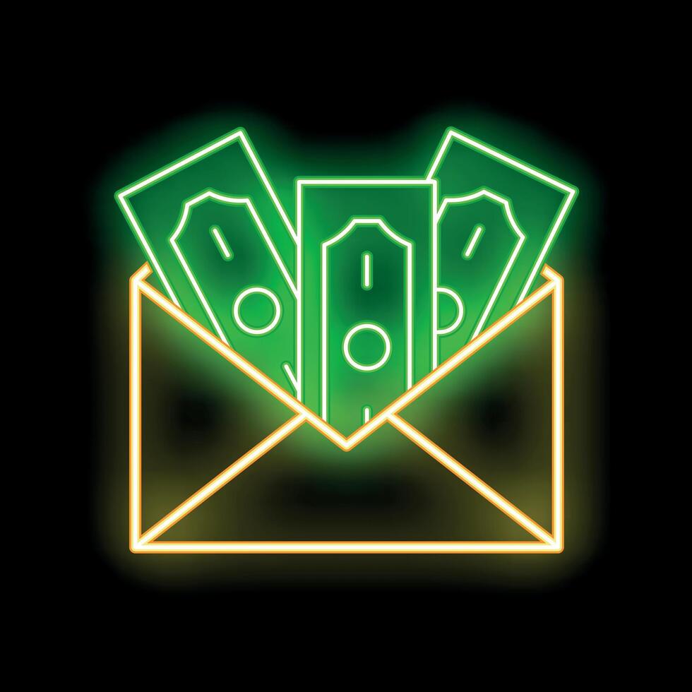 Neon envelope containing money cash bills with green glow on black background vector