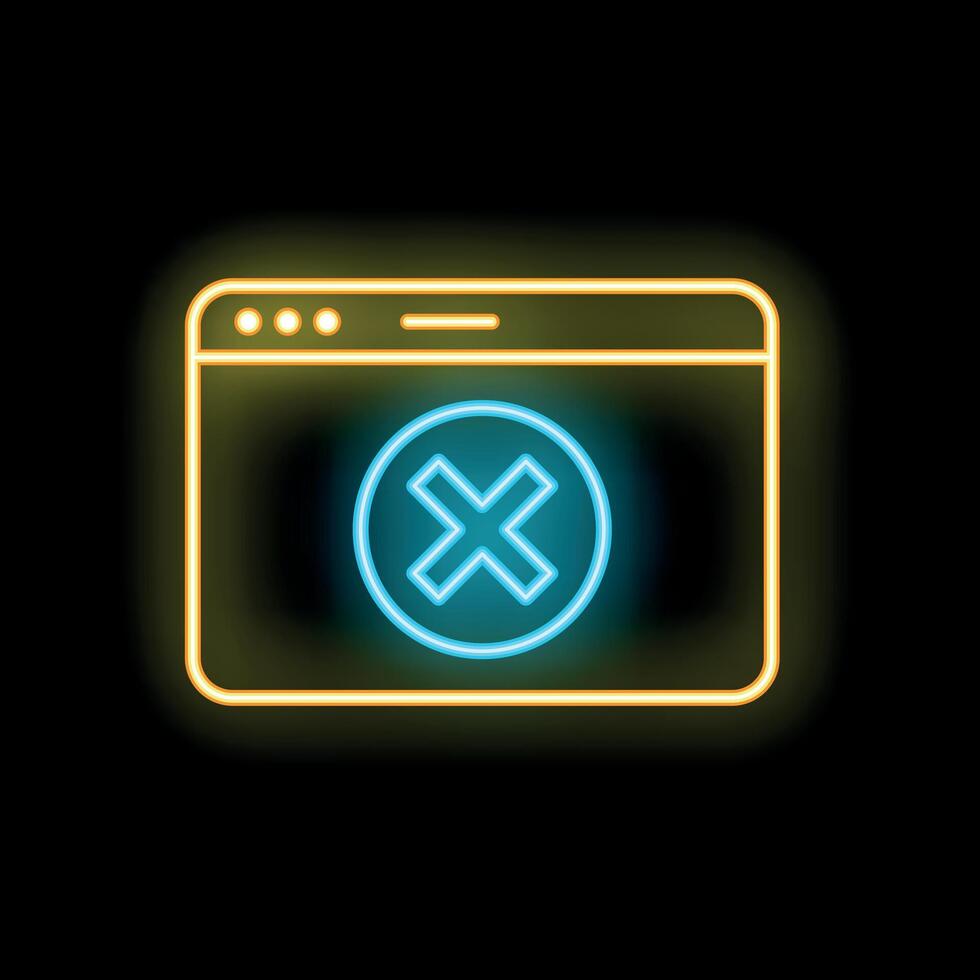 Neon browser window icon showing cross mark symbol vector