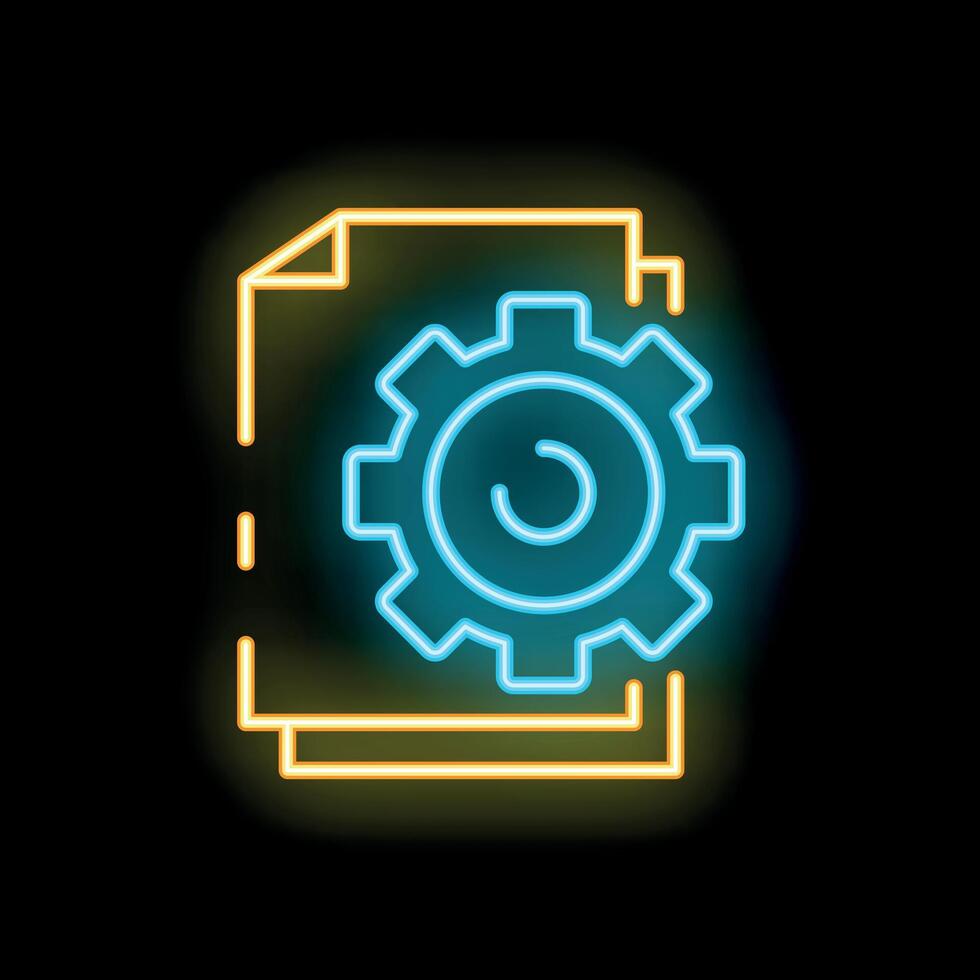 Neon icon of gear overlapping documents representing workflow automation vector