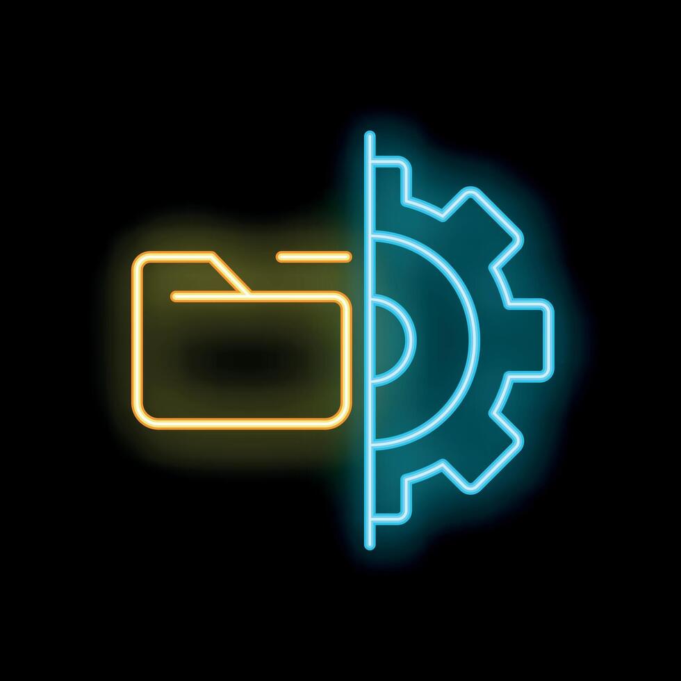 Neon icon of folder being processed by a cogwheel vector