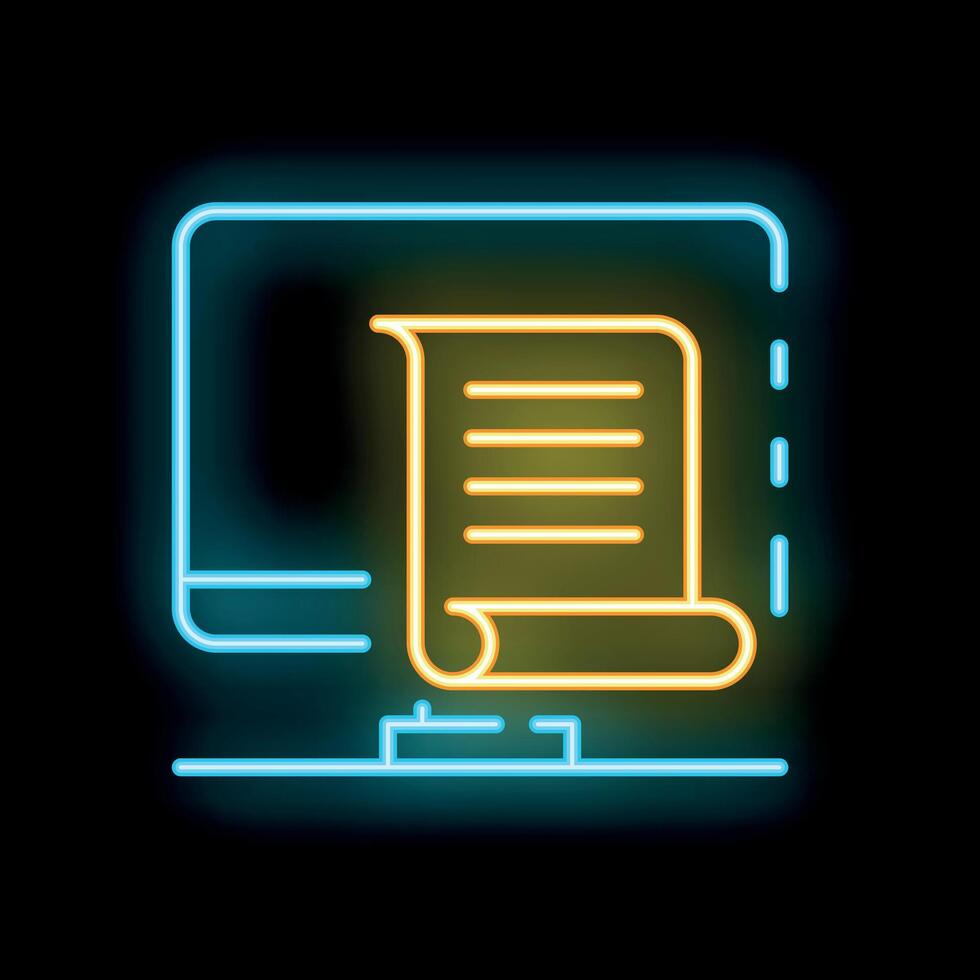 Neon icon of a diploma appearing from a computer screen vector