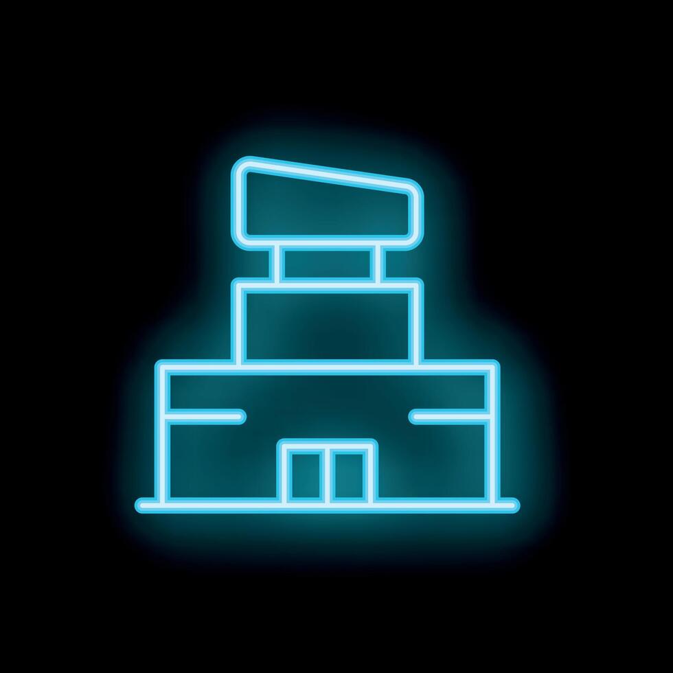 Glowing neon sign depicting a building on a black background vector