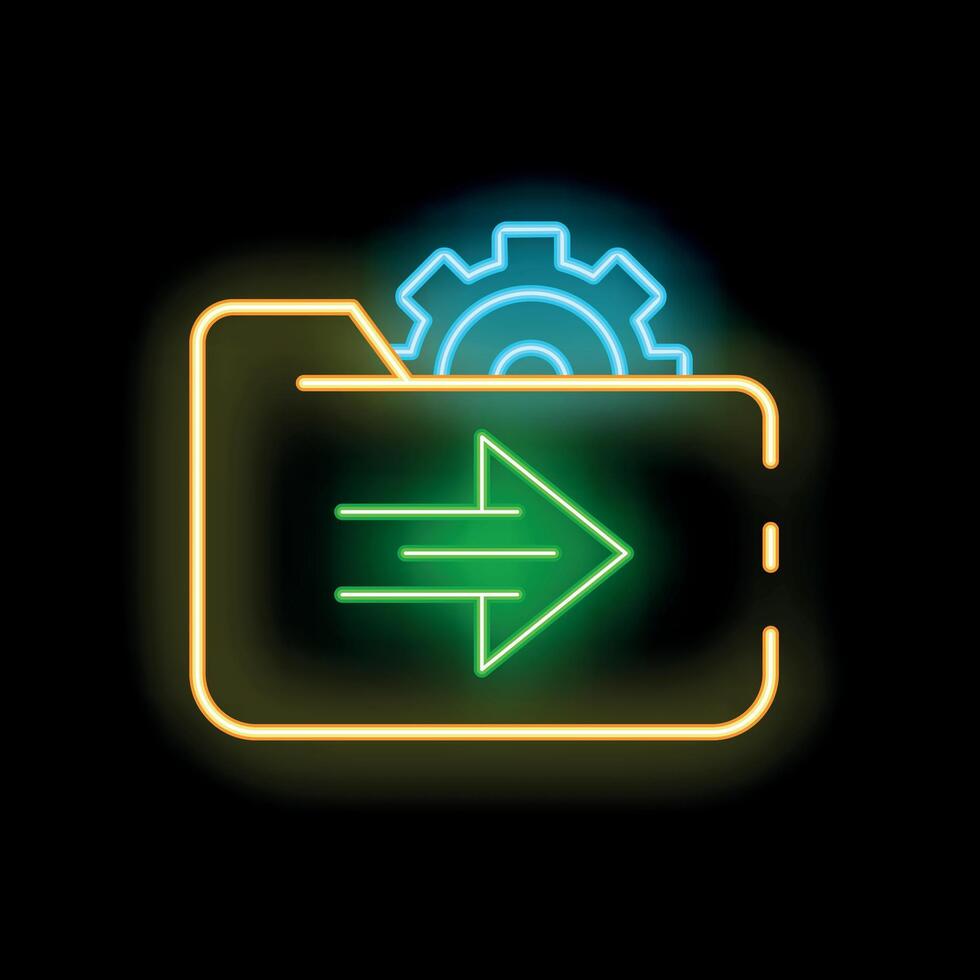 Neon folder icon with gear and right arrow representing data processing vector