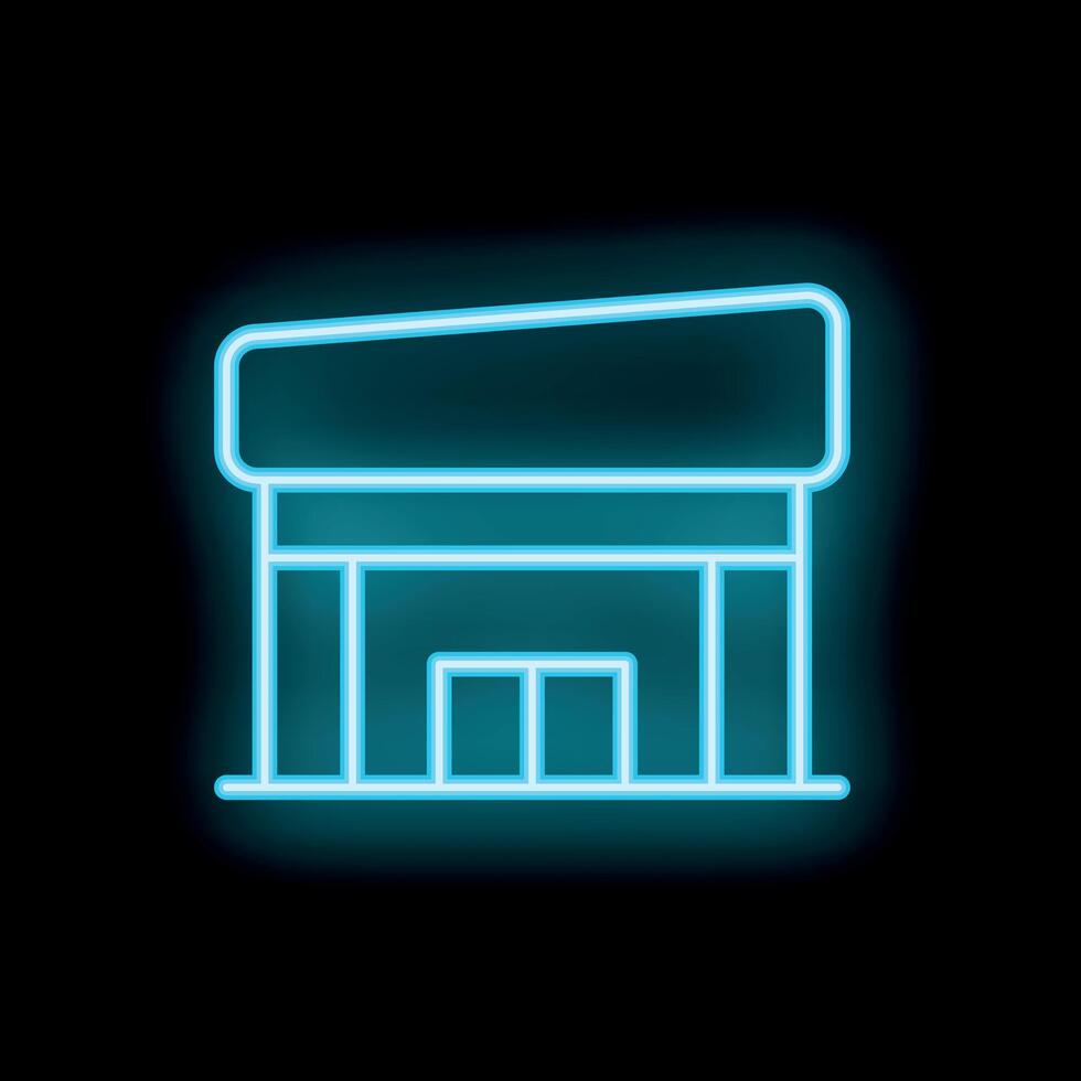 Glowing neon sign depicting a building with a canopy entrance on a black background vector
