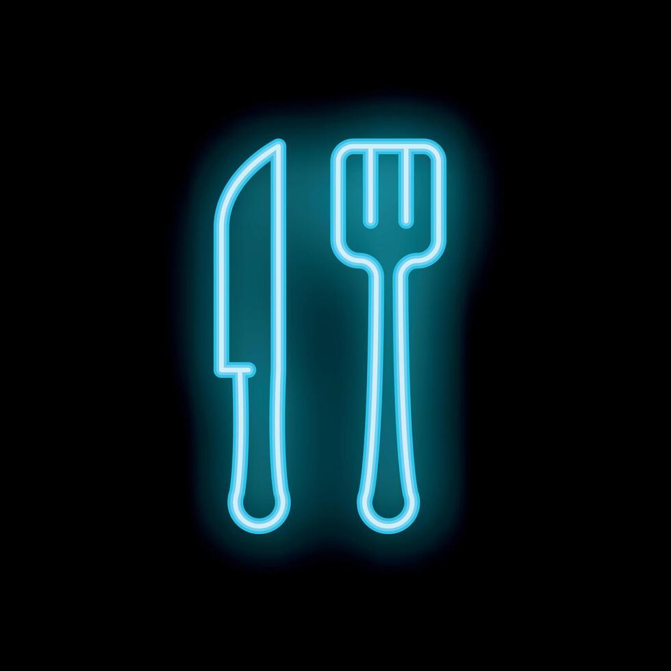 Blue neon sign showing fork and knife on black background vector