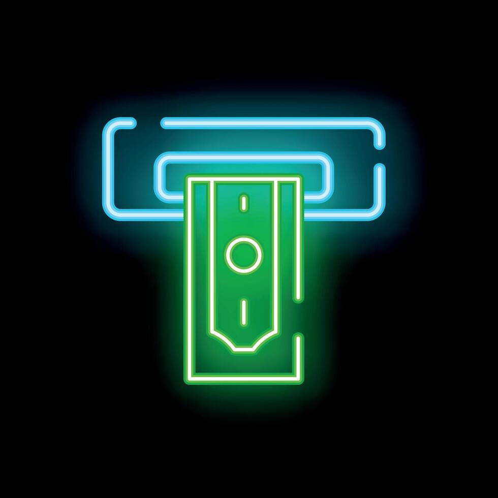 Neon atm cash machine dispensing money banknote icon illustration vector