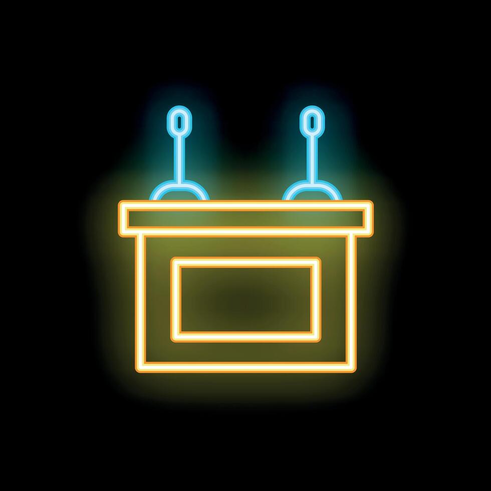 Neon podium with microphones shining in the dark background vector