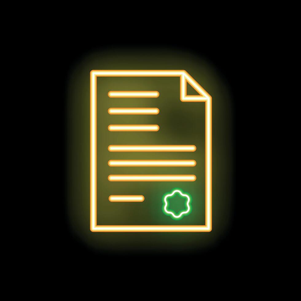 Neon icon of official document with signature and stamp glowing on black background vector