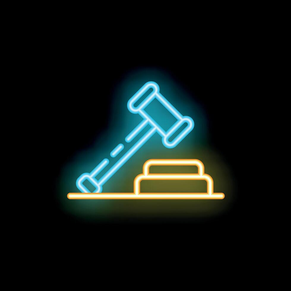Neon gavel hitting block making sound for auction or law concept vector
