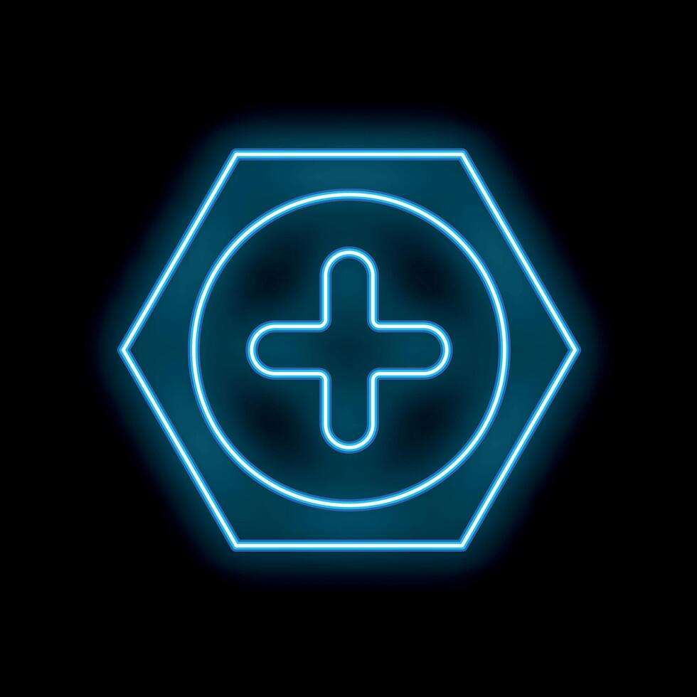 Glowing neon hex nut with plus sign on a black background vector