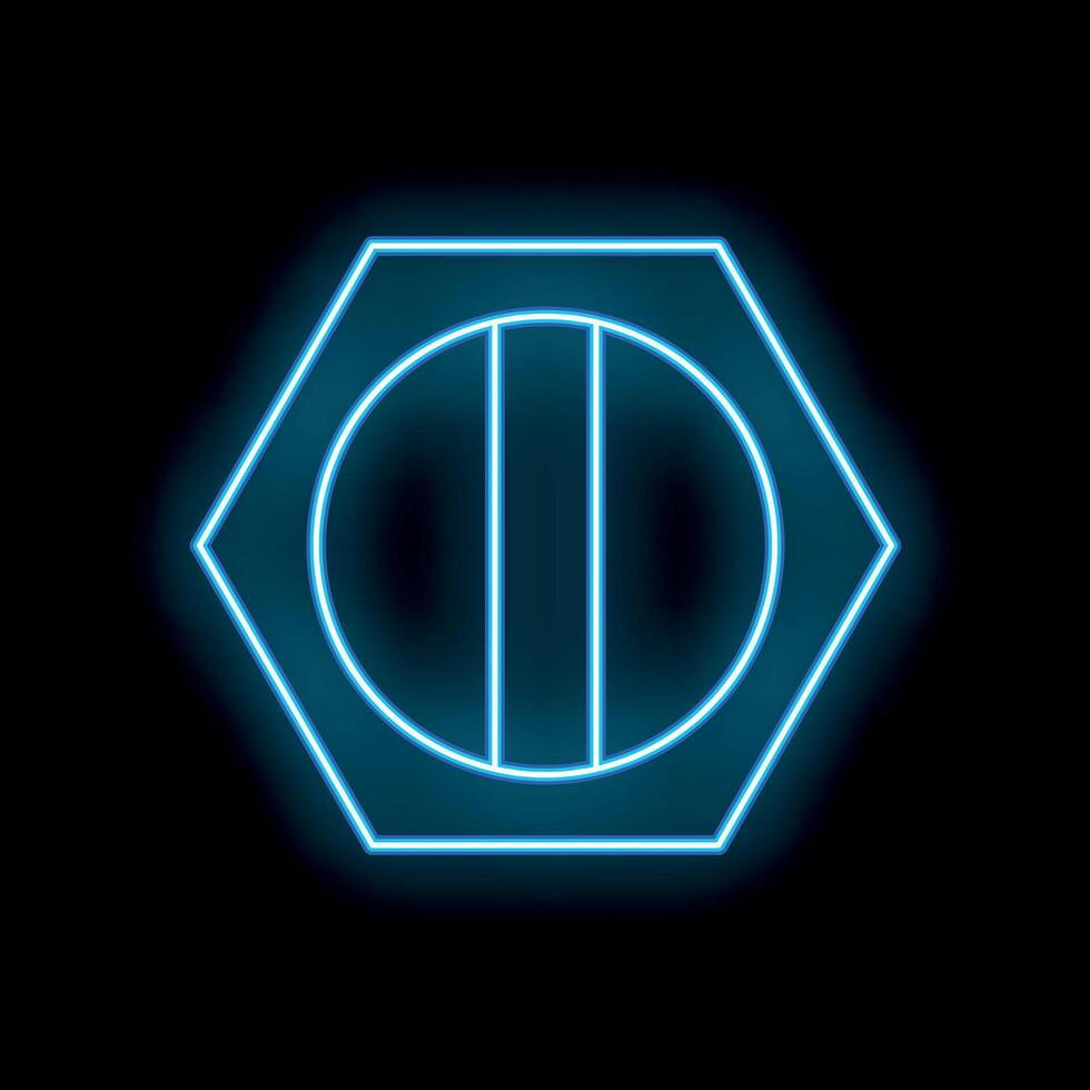 Neon blue hexagon with circle and three vertical lines on black background vector
