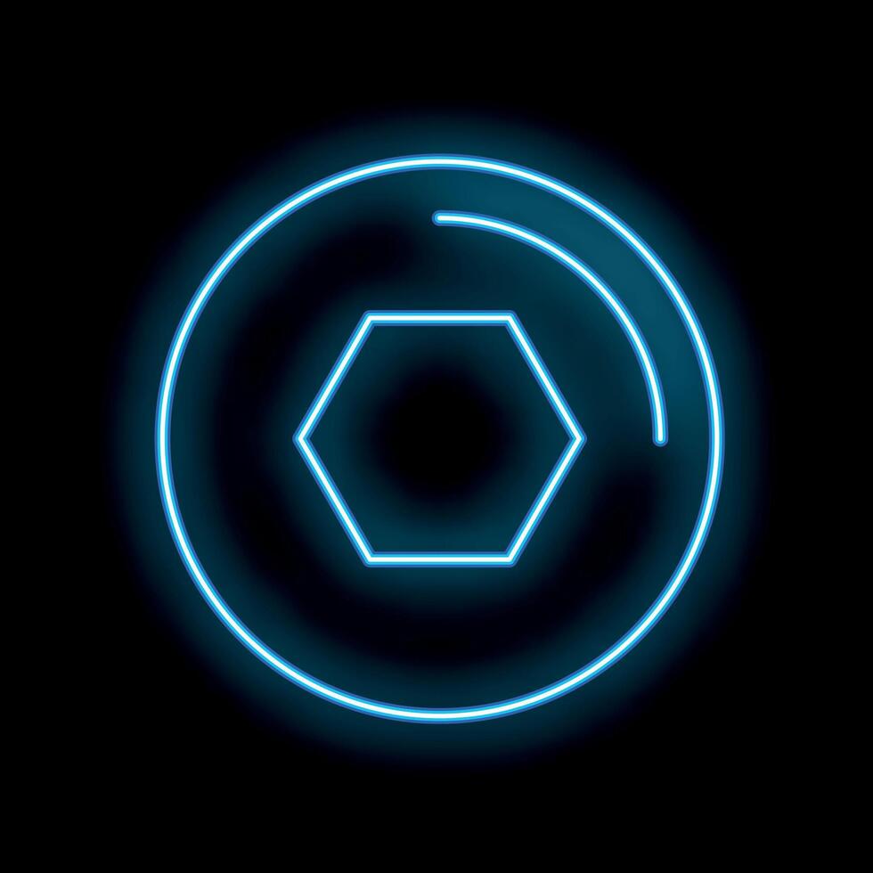 Blue neon hexagon glowing inside a circle on black background vector