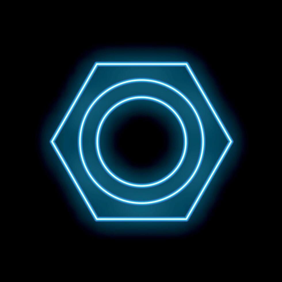 Blue neon hexagon nut shape glowing in the dark vector