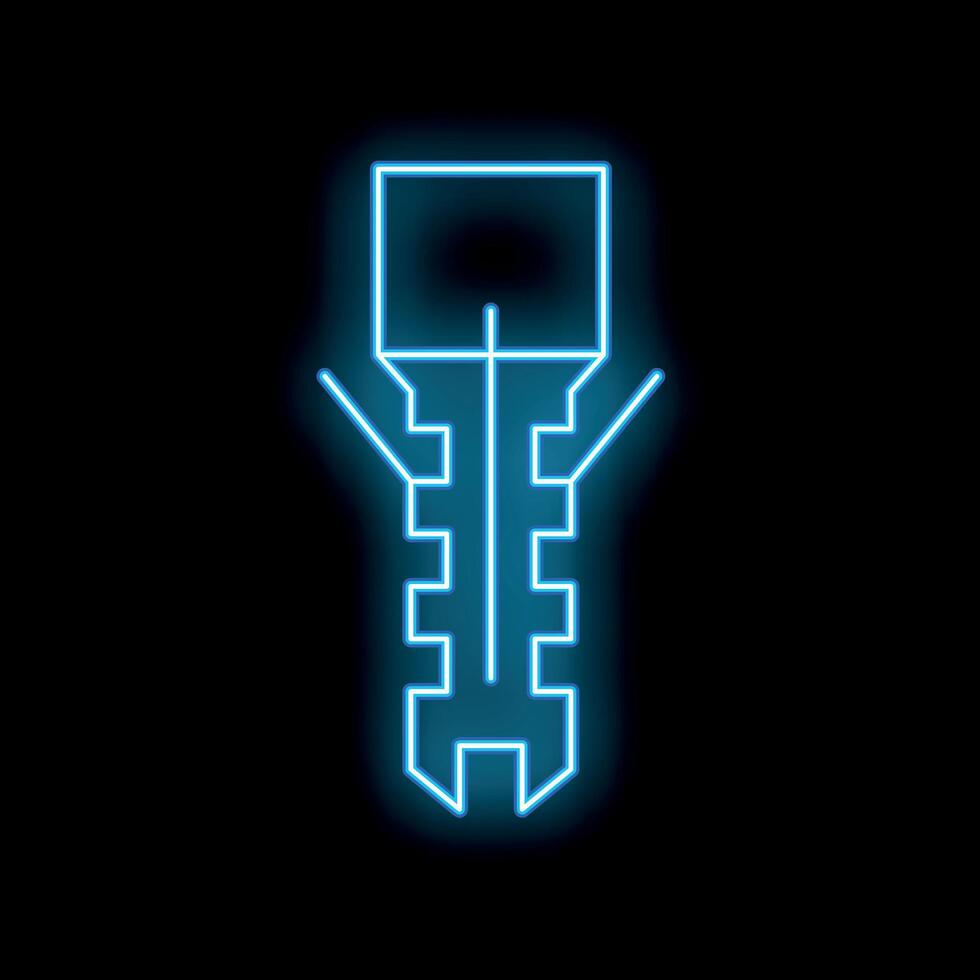 Blue neon style light bulb glowing on black brick wall background vector