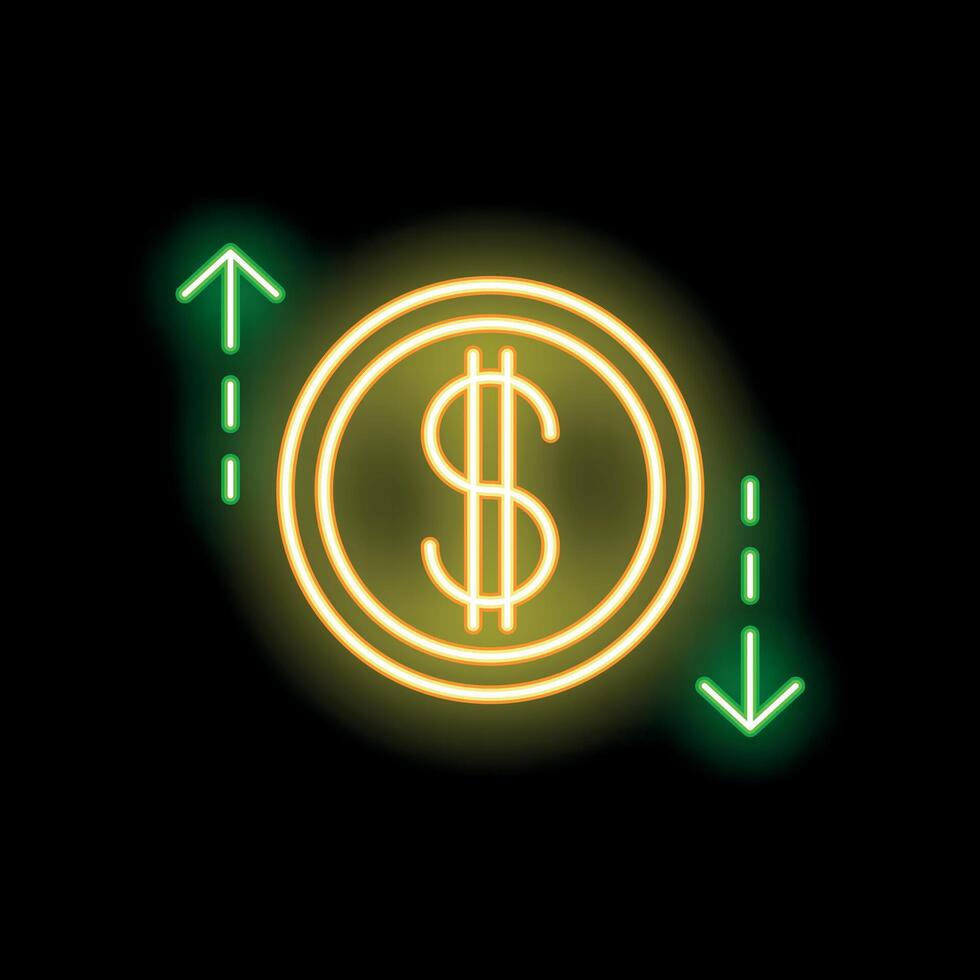 Dollar coin fluctuating with up and down arrows neon sign vector