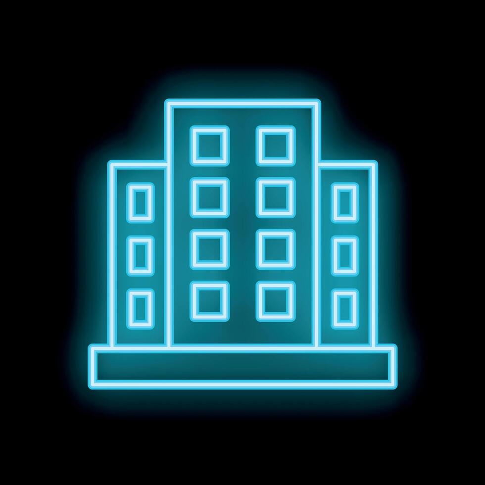 Neon office building shining on black background vector