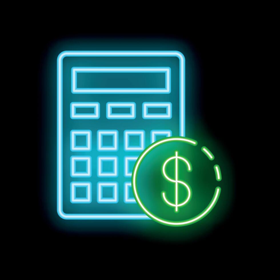 Glowing neon calculator calculating money icon on black background vector