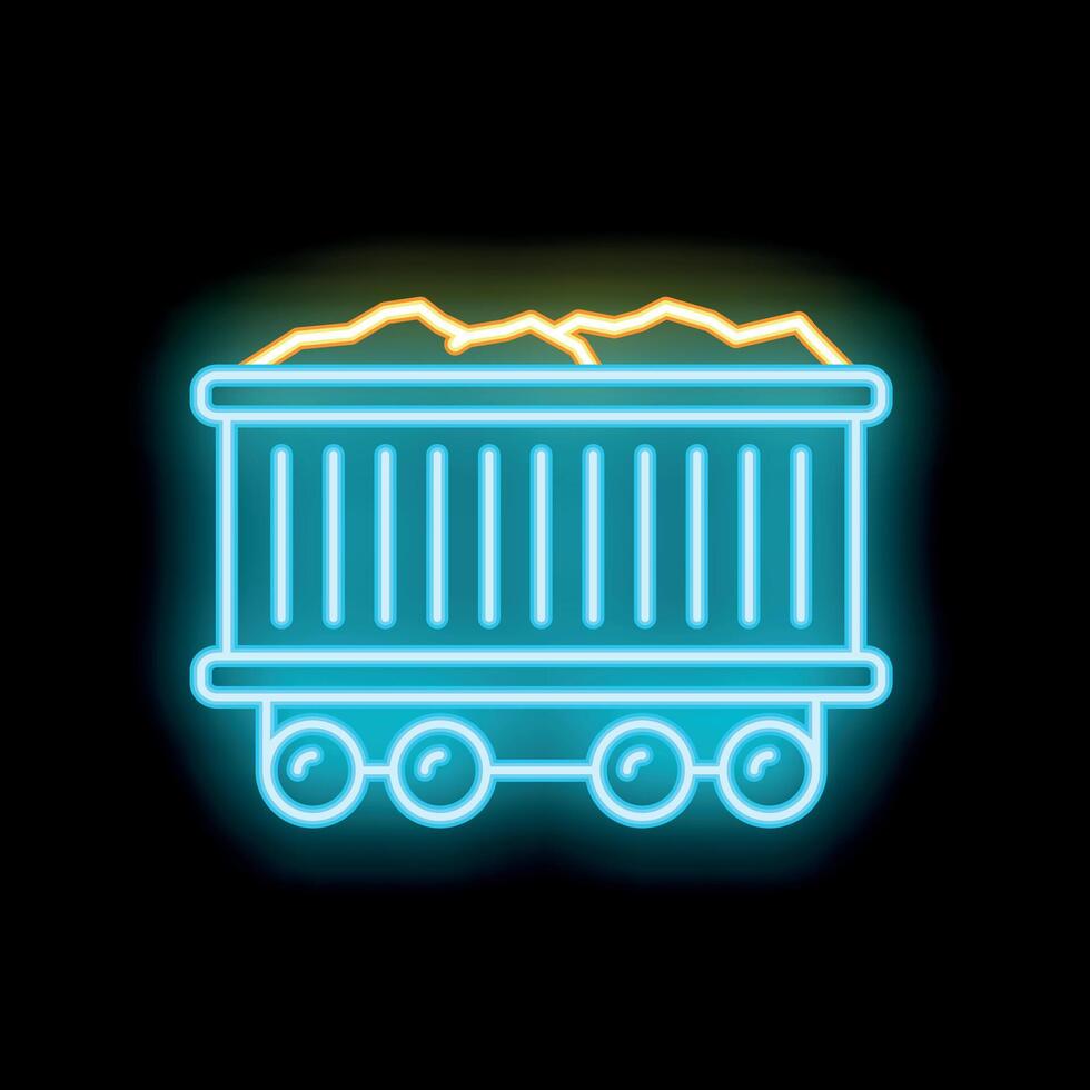 Neon blue mining cart carrying coal icon on black background vector