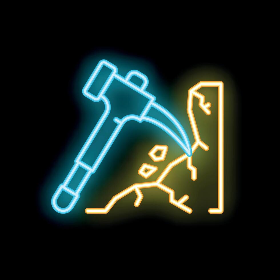 Neon style icon of hammer breaking stone wall with cracks vector