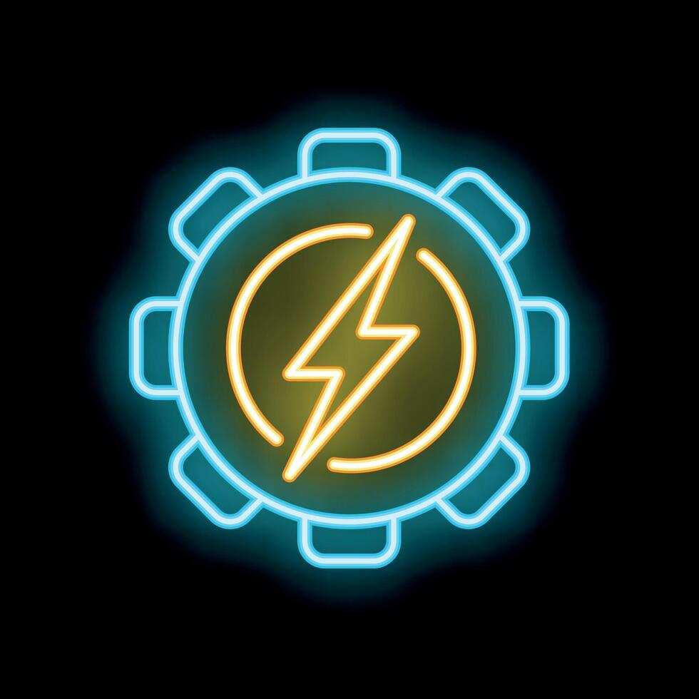 Neon sign depicting a gear with a lightning bolt symbolizing energy and power vector