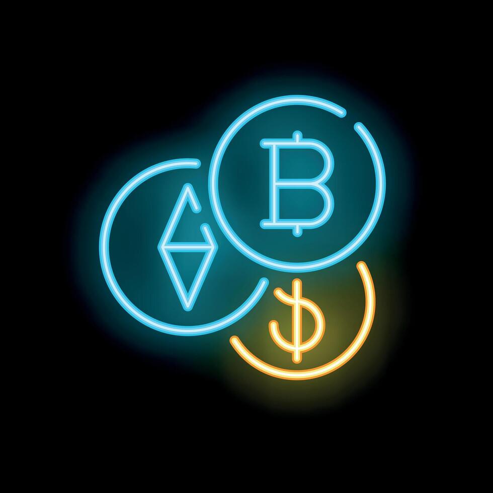 Neon sign showing bitcoin ethereum and dollar currency symbols vector