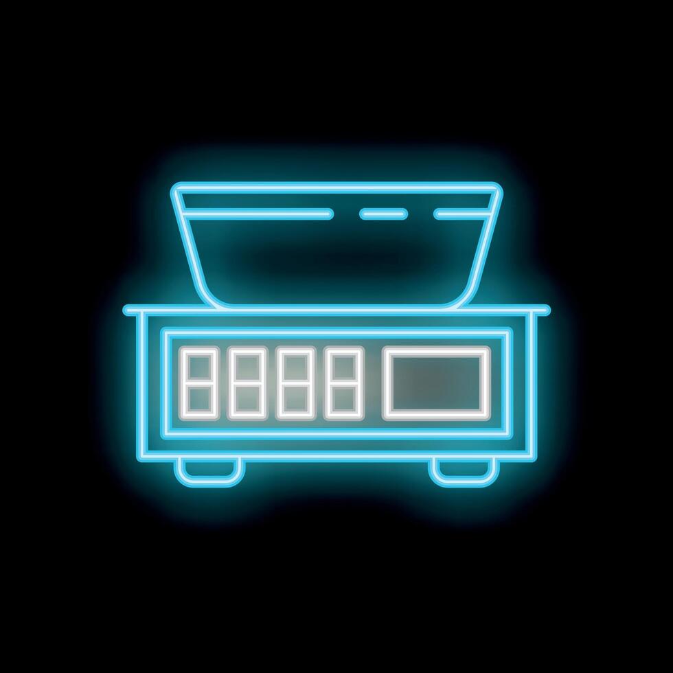 Glowing neon line electronic kitchen digital scale icon isolated on black background vector