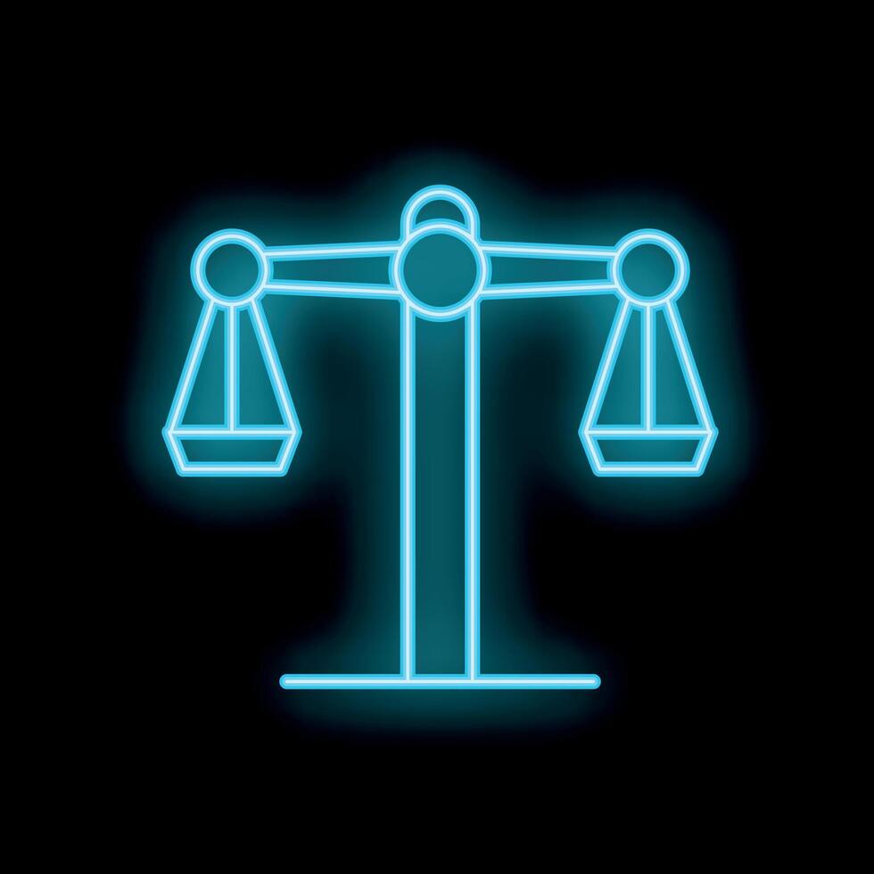 Neon blue scales of justice glowing on black background vector