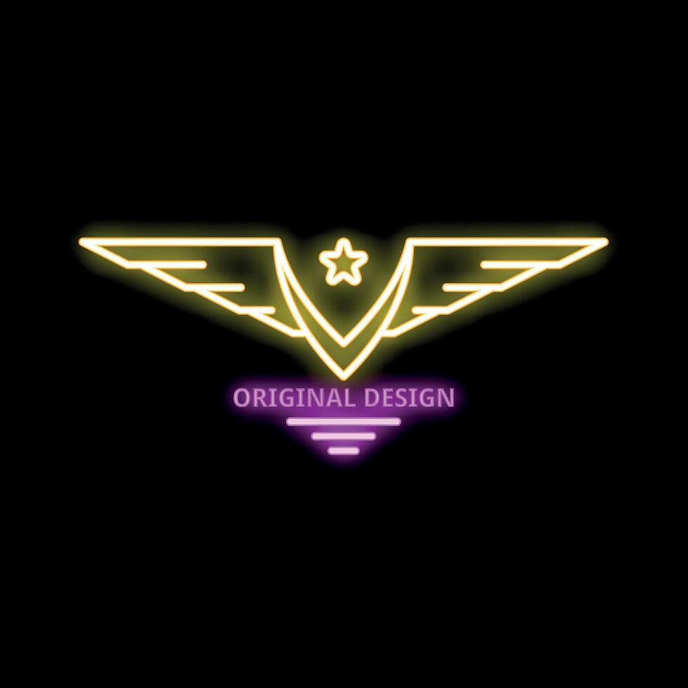 Neon sign featuring a pair of wings surrounding a star on black background vector