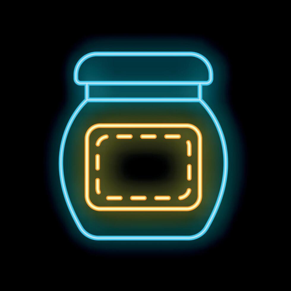 Glowing neon sign depicting glass jar with blank label on black background vector