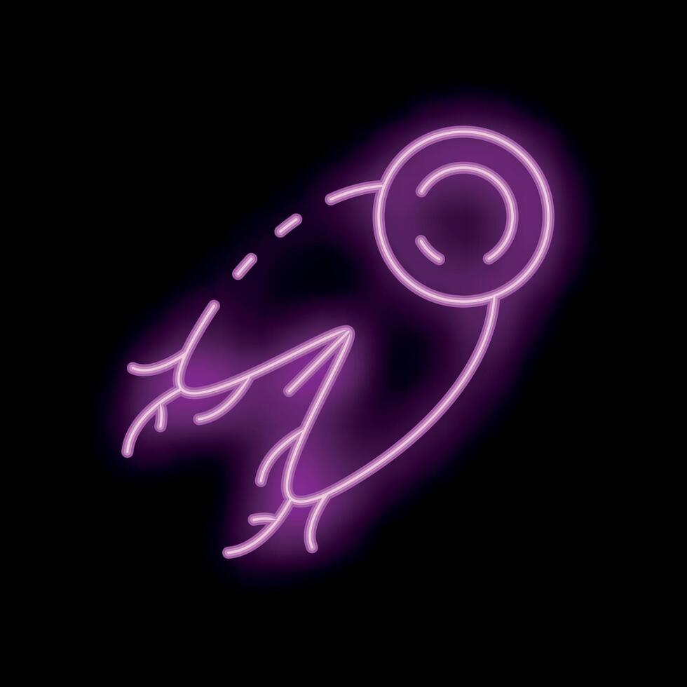 Neon style icon of flying spacecraft with open hatch leaving trail vector