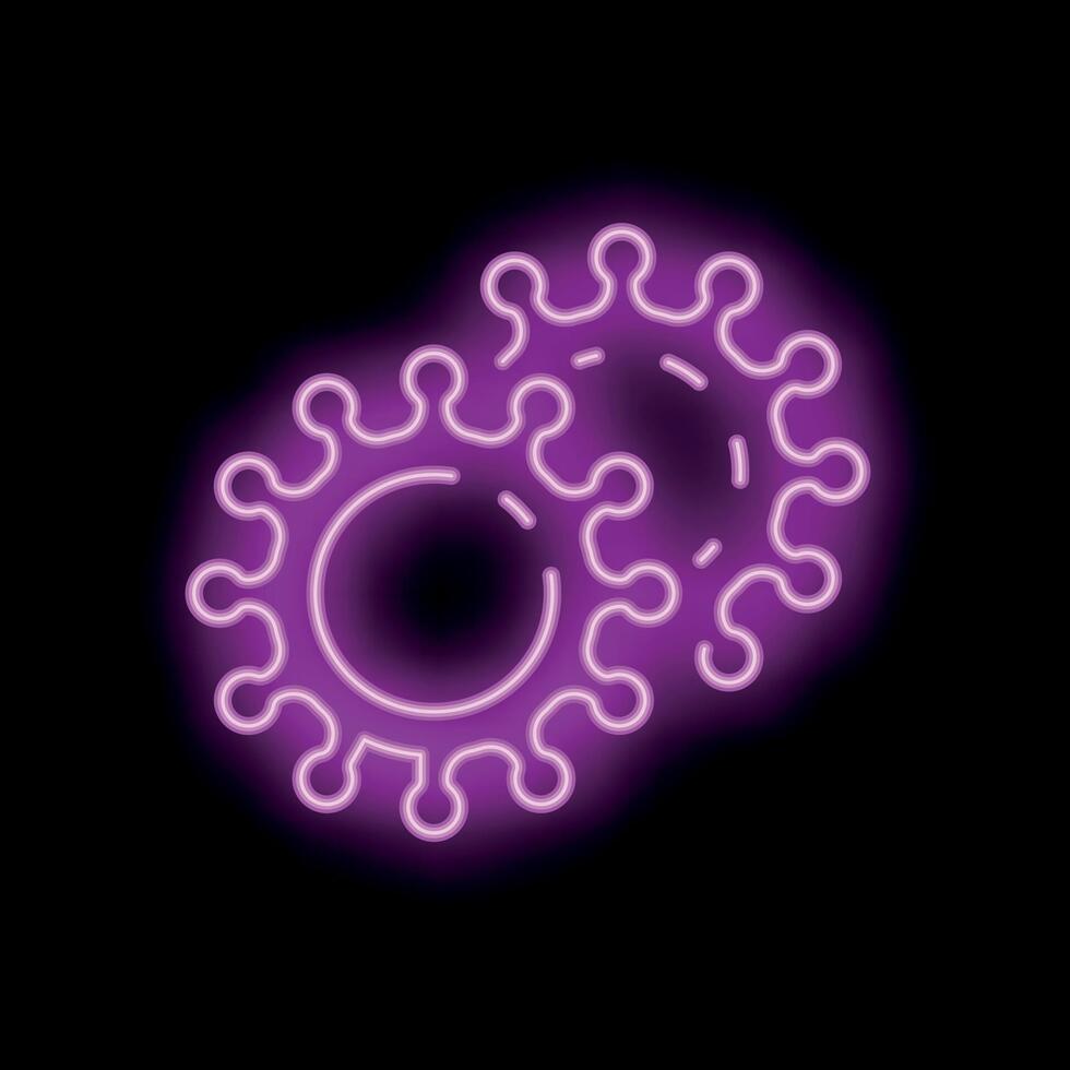 Neon style icon of two coronavirus cells glowing purple on black background vector