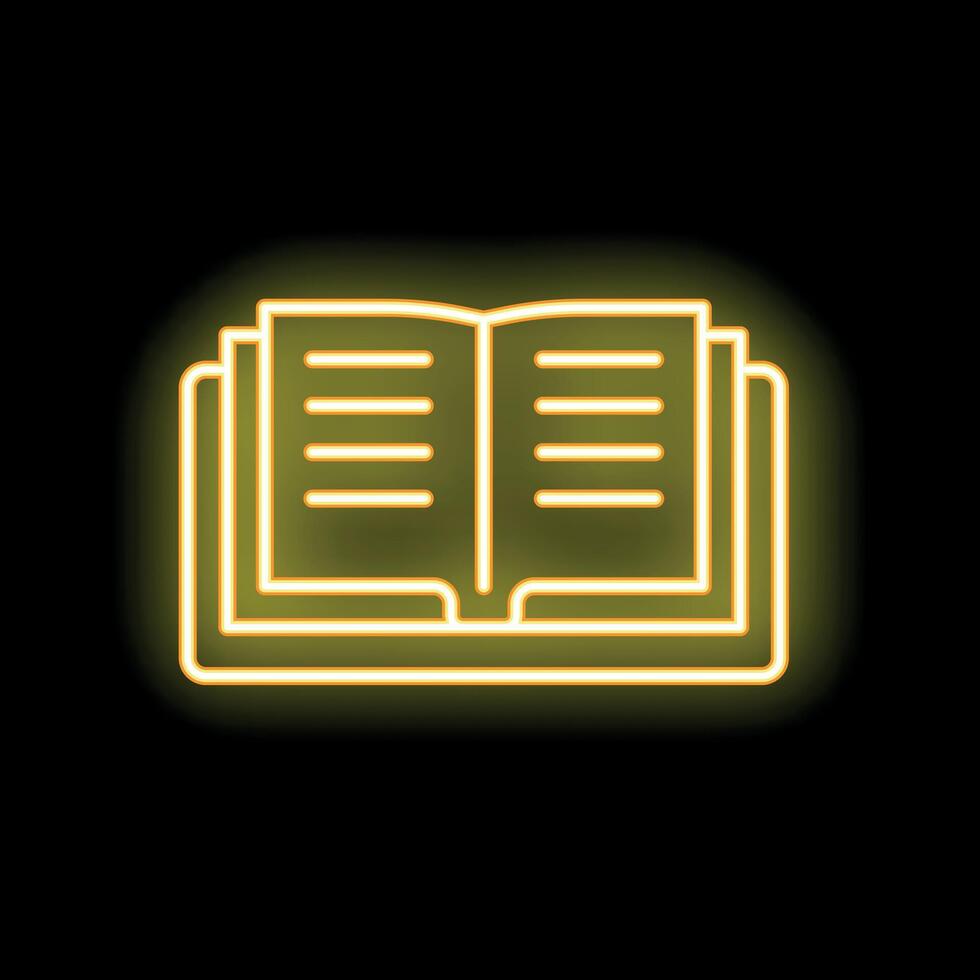 Open book with yellow neon light glowing on black background vector