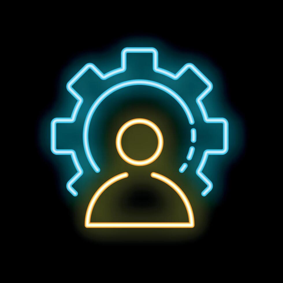 Neon icon of person inside cogwheel representing human resource management vector