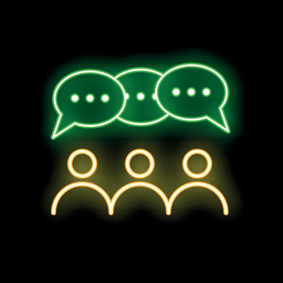 Neon icon of three people having a conversation with speech bubbles vector