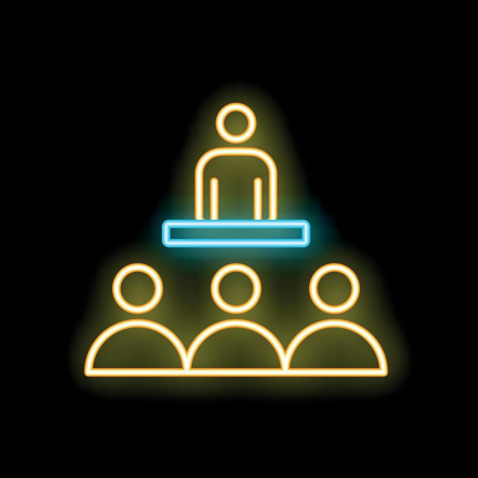 Neon icon of a public speaker standing behind a podium giving a speech to a group of people vector