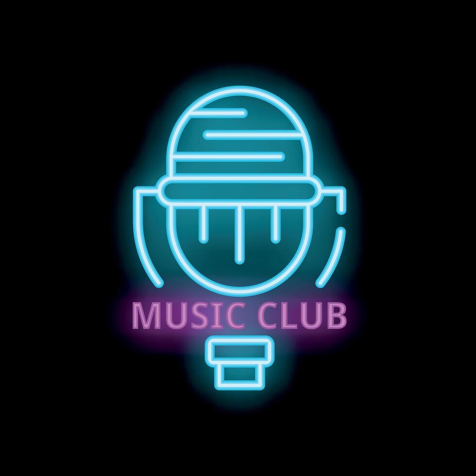 Blue neon sign of music club with microphone depicting karaoke bar concept vector