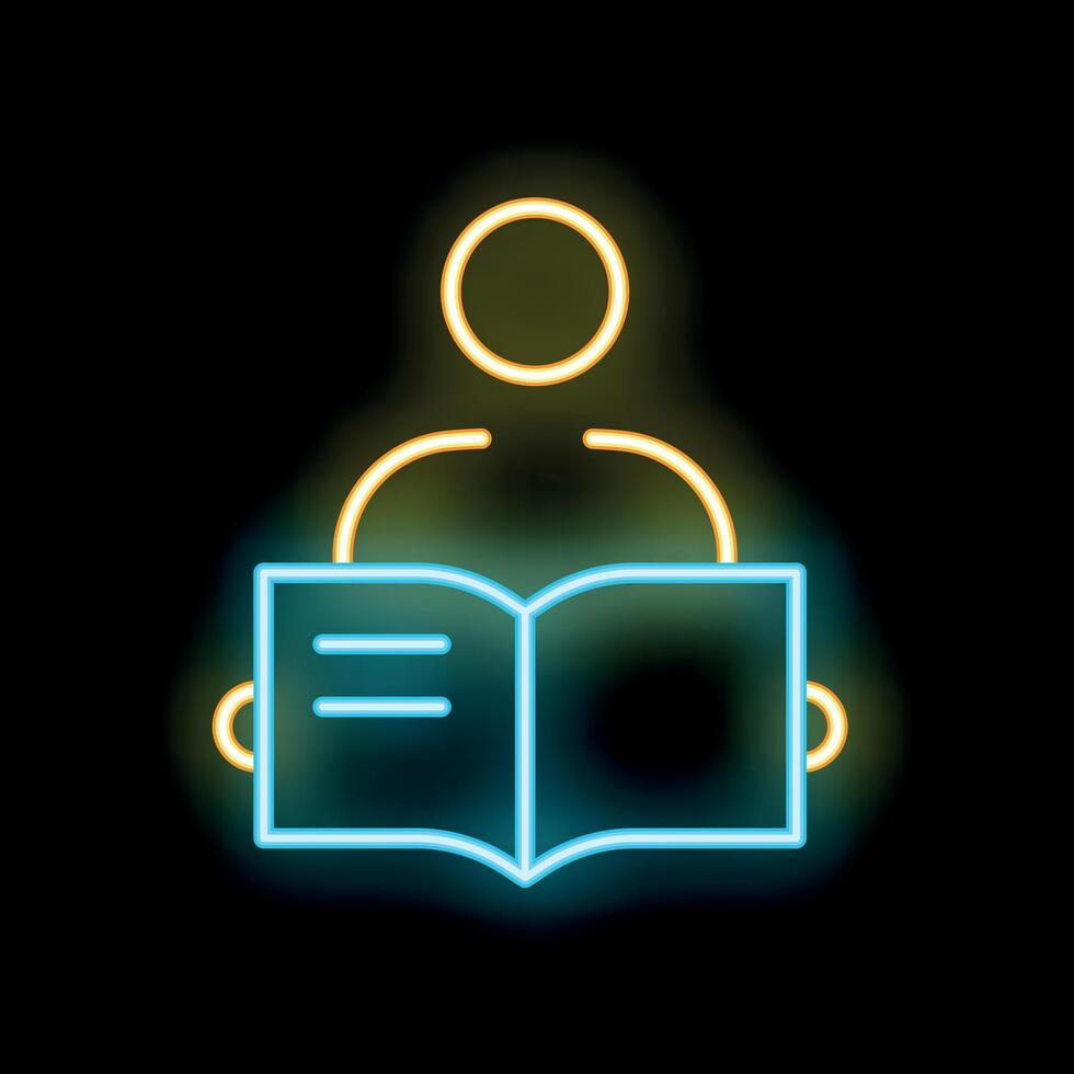 Neon sign of person reading book on black background vector
