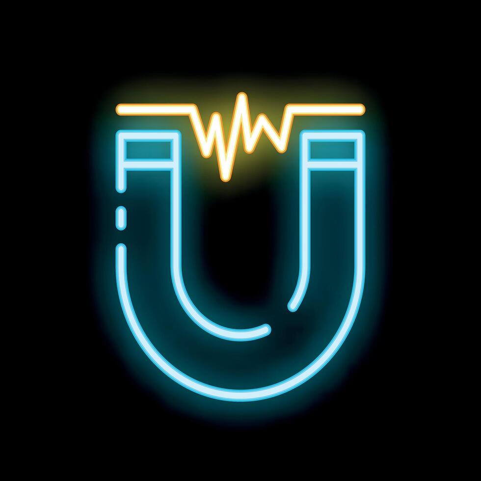 Neon icon of a magnet generating a magnetic field vector