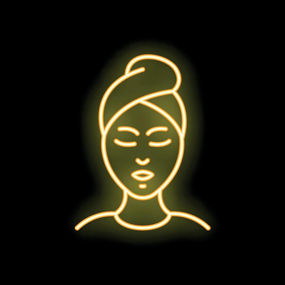 Woman with towel on head applying cosmetic mask neon light style icon vector