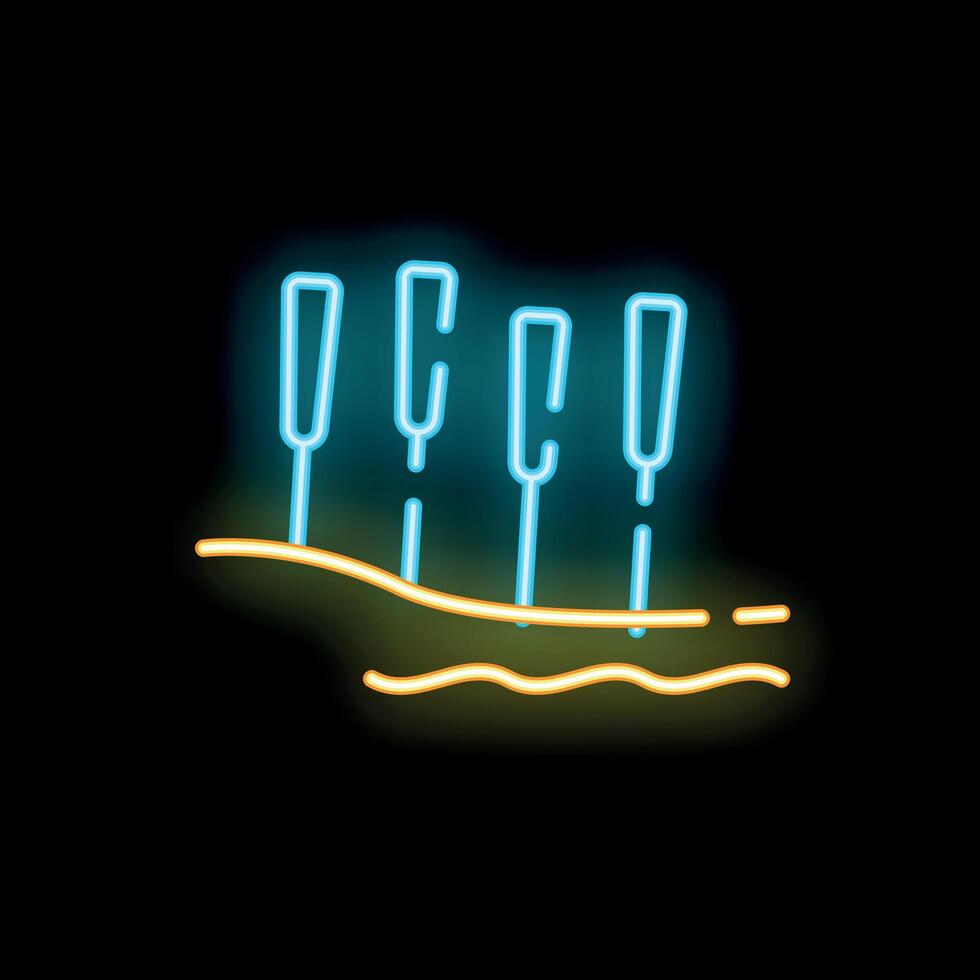 Neon style rowing sport pictogram showing oars resting on riverbank vector