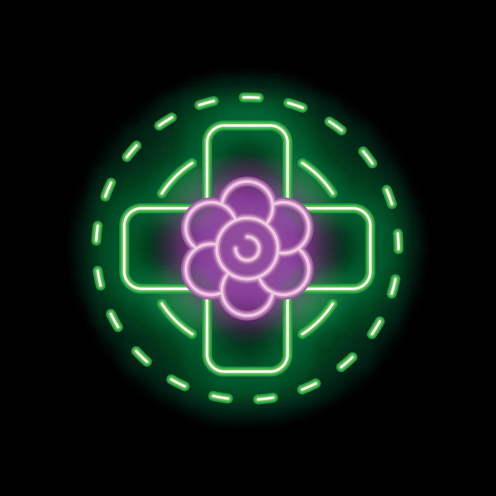 Neon sign depicting a cross with a flower representing healthcare and wellness vector