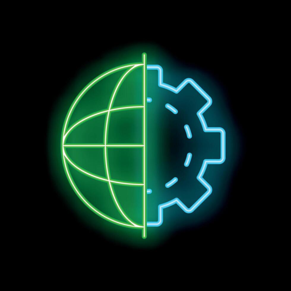 Neon icon of globe divided with gear representing global business and technology vector